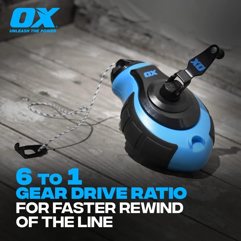 Ox Tools -P027731 Chalk Line - 100' Thick Line, Curved Hook, 6:1 Gear Ratio, Metal Handle, Easy Top Load, Ergonomic Shape & Rubber Grips - Ideal for Deck Builders, Framers, Roofers - Image 5