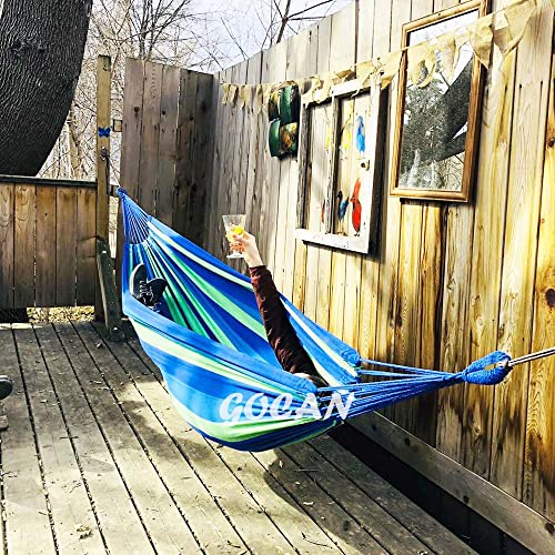 GOCAN Brazilian Double Hammock 2 Person Extra Large 220x160cm Total Length 330cm Load 500lb Canvas Cotton Hammock for Patio Porch Garden Backyard Lounging Outdoor and Indoor(Blue/Green) XXL - Image 2