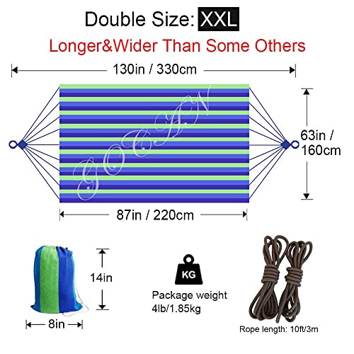 GOCAN Brazilian Double Hammock 2 Person Extra Large 220x160cm Total Length 330cm Load 500lb Canvas Cotton Hammock for Patio Porch Garden Backyard Lounging Outdoor and Indoor(Blue/Green) XXL - Image 4