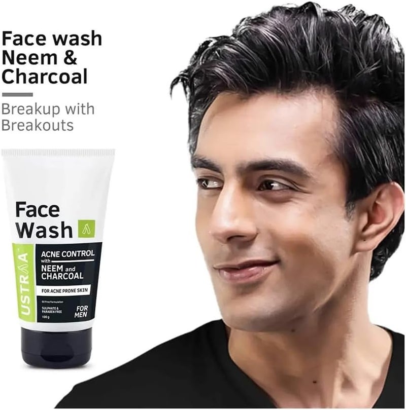 Ustraa Face Wash Acne Control with Neem & Charcoal – 100g | Oil Control & Acne Prevention | Non-Sticky, Non-Oily Face Wash for Men with Oily Skin | No SLS, No Paraben - Image 1