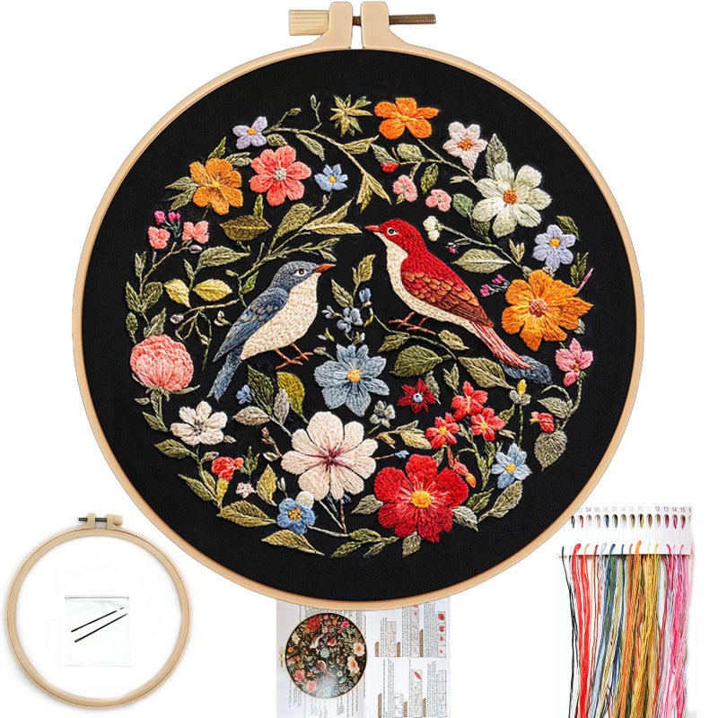 FONNUY Embroidery Kit for Beginners Birds with Flowers PreStamped Pattern Kits for Adults with Hoop Easy to Follow Color Thread Needlework 8 Hoop Red - Image 3