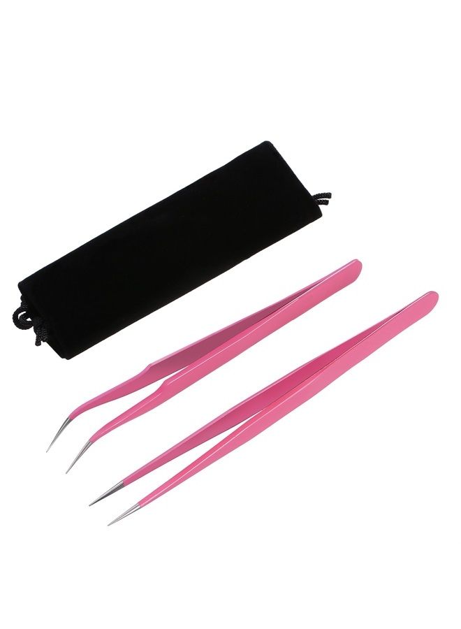 Hotop 2 Pieces Straight and Curved Tip Tweezers Eyelash Extension Tweezers, Stainless Steel False Lash Application Tools (Pink)