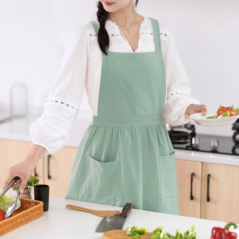 Pinknoke Cotton Linen Pinafore Apron Dress for Women with Pockets Cute Art Chef Aprons for Kitchen Baking Gardening Painting (Sage Green) - Image 3