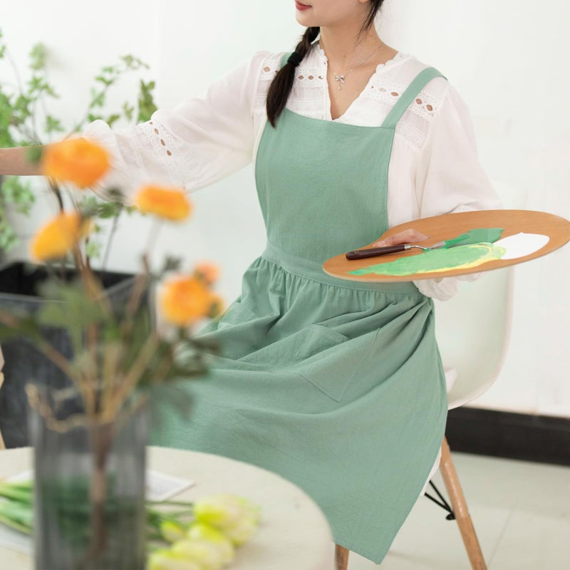 Pinknoke Cotton Linen Pinafore Apron Dress for Women with Pockets Cute Art Chef Aprons for Kitchen Baking Gardening Painting (Sage Green) - Image 2