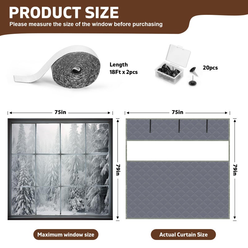 Precizex Window Insulation Kit for Winter 75'' x 79'' Visible Thermal Window Insulations Reusable Oxford Cloth Cotton Layer Thermal Window Cover Insulated Window Cover Warm Waterproof Attic Insulation Cover - Image 2