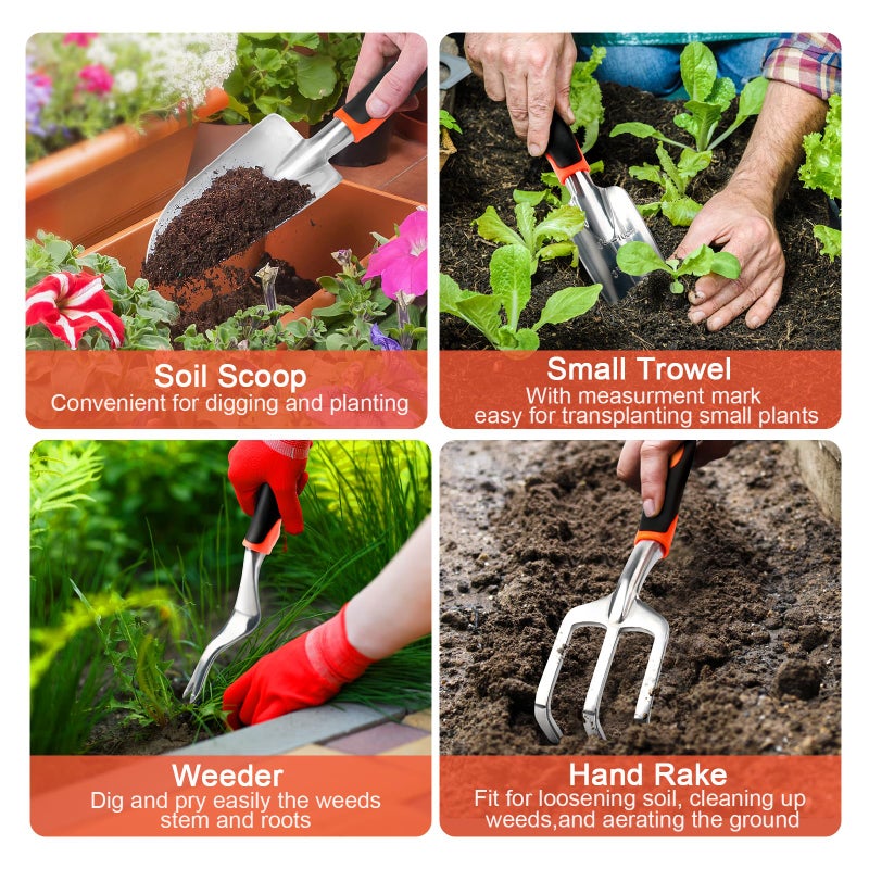 MECHEER Garden Tools Set, 8 Piece Gardening Tools Set with Non Slip Ergonomic Handle, Heavy Duty Garden Tool Set with Storage Bag, Gardening Kit for Women, Garden Hand Tools Gift for Women and Men, Orange - Image 5
