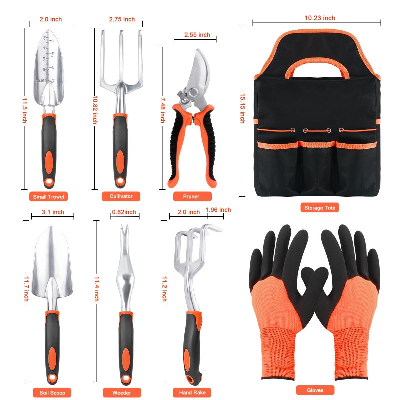 MECHEER Garden Tools Set, 8 Piece Gardening Tools Set with Non Slip Ergonomic Handle, Heavy Duty Garden Tool Set with Storage Bag, Gardening Kit for Women, Garden Hand Tools Gift for Women and Men, Orange - Image 2