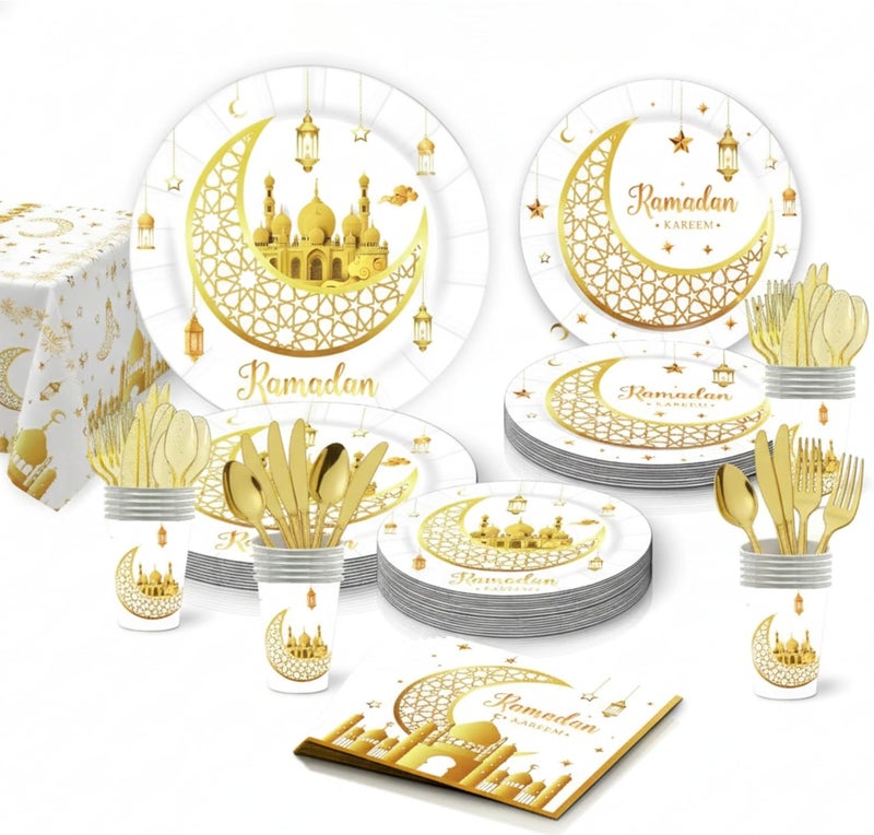 برين جيجلز مجموعة مستلزمات حفلات رمضان وعيد الفطر باللونين الأبيض والذهبي – أطباق وأكواب ومناديل وأدوات مائدة ومفرش طاولة يمكن التخلص منها | طقم ديكور مائدة رمضان للتجمعات العائلية وحفلات الأطفال - Image 1