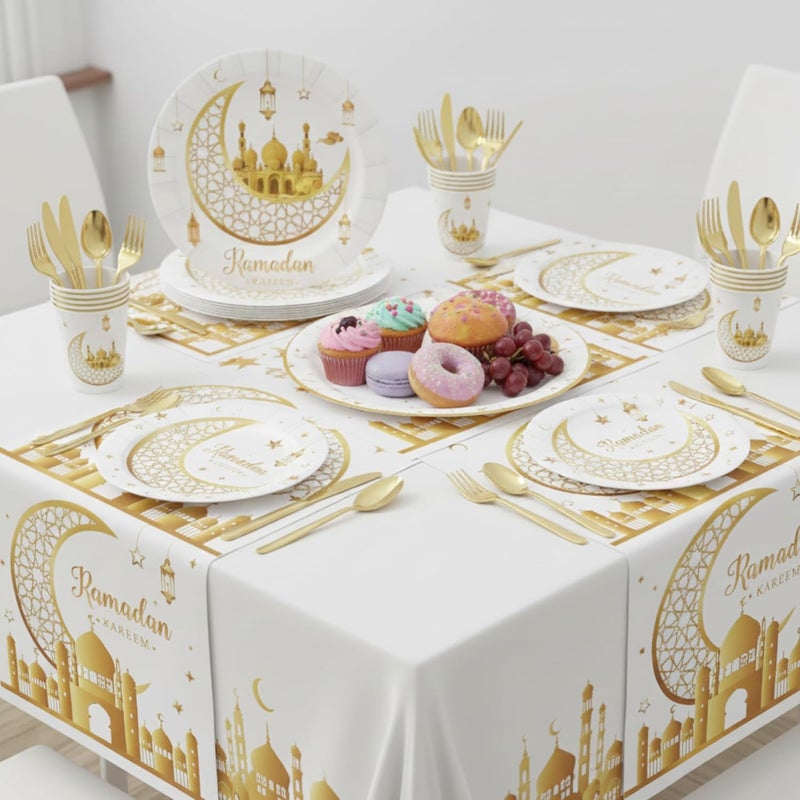 برين جيجلز مجموعة مستلزمات حفلات رمضان وعيد الفطر باللونين الأبيض والذهبي – أطباق وأكواب ومناديل وأدوات مائدة ومفرش طاولة يمكن التخلص منها | طقم ديكور مائدة رمضان للتجمعات العائلية وحفلات الأطفال - Image 4
