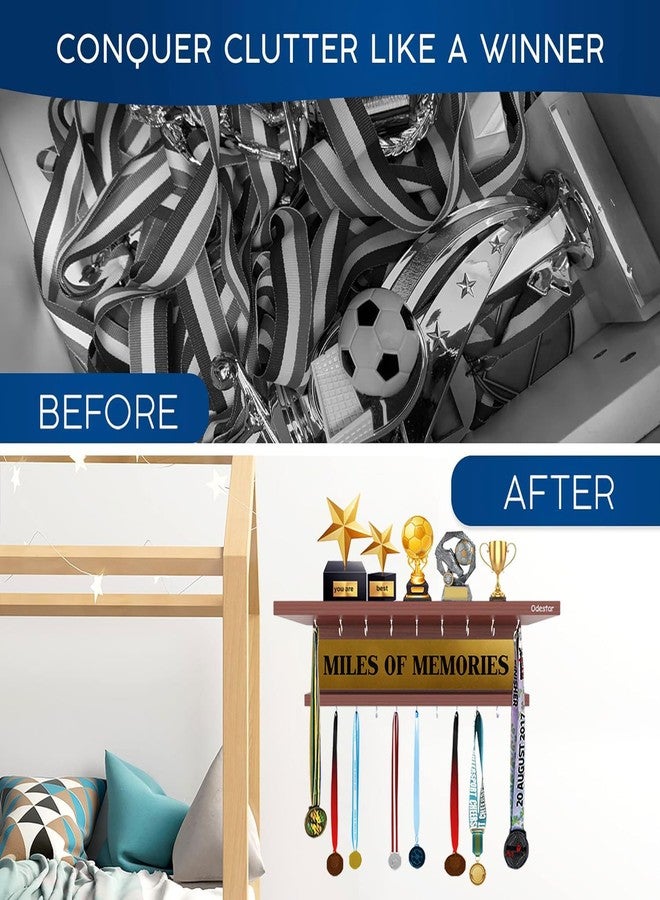 Odestar Medal Holder - Miles of Memories I Wall Mounted Home Decor Hooks with Wall Shelf Display Rack Engineered Wood-Model-Drew, 16 Hooks, (Color-Classic Walnut) - Image 3