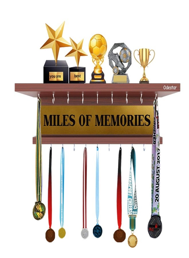 Odestar Medal Holder - Miles of Memories I Wall Mounted Home Decor Hooks with Wall Shelf Display Rack Engineered Wood-Model-Drew, 16 Hooks, (Color-Classic Walnut) - Image 2