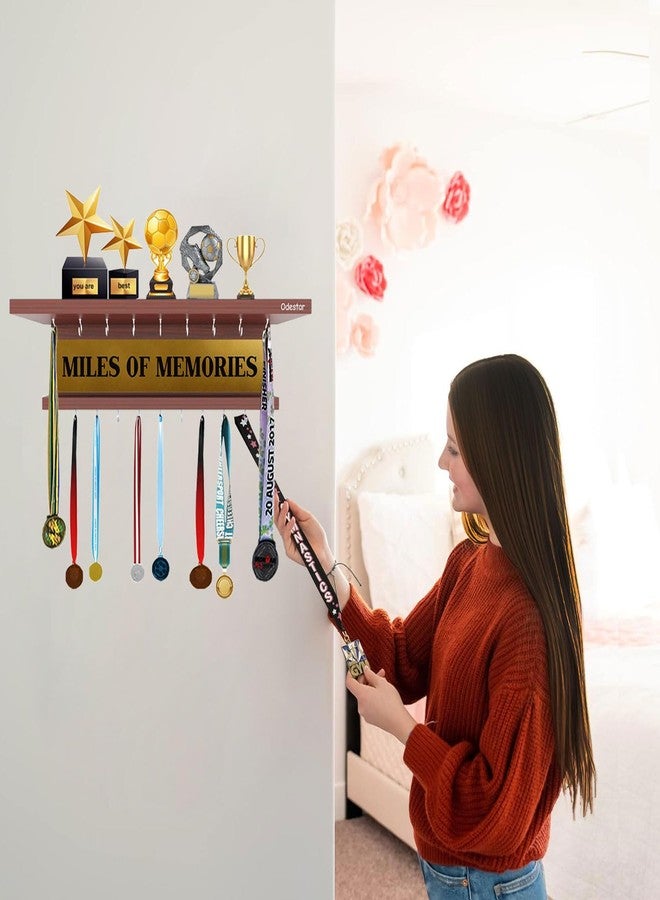 Odestar Medal Holder - Miles of Memories I Wall Mounted Home Decor Hooks with Wall Shelf Display Rack Engineered Wood-Model-Drew, 16 Hooks, (Color-Classic Walnut) - Image 1