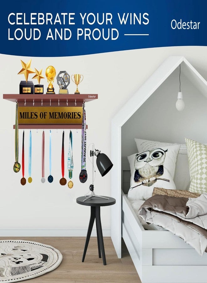 Odestar Medal Holder - Miles of Memories I Wall Mounted Home Decor Hooks with Wall Shelf Display Rack Engineered Wood-Model-Drew, 16 Hooks, (Color-Classic Walnut) - Image 5