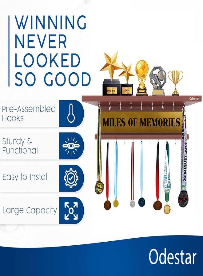 Odestar Medal Holder - Miles of Memories I Wall Mounted Home Decor Hooks with Wall Shelf Display Rack Engineered Wood-Model-Drew, 16 Hooks, (Color-Classic Walnut) - Image 4