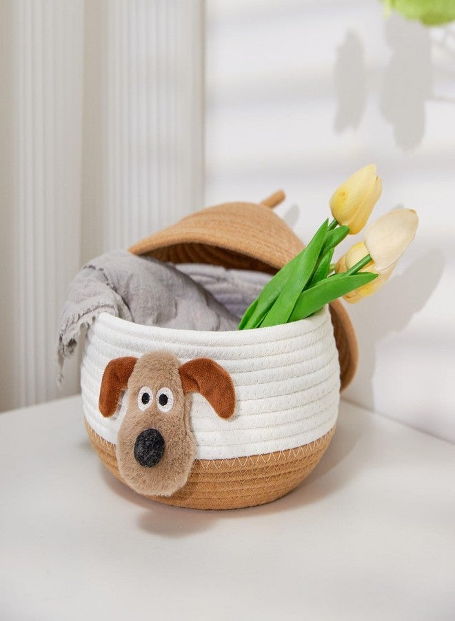 Bellar Small Rope Basket With Lid Woven Storage Box Cute Animal Dog Toy Box Organizers Cotton Rope Basket for Kids Small Snack Storage Area Decorative Boxes Aesthetic-8.6''*8.6''-Brown*White - Image 3