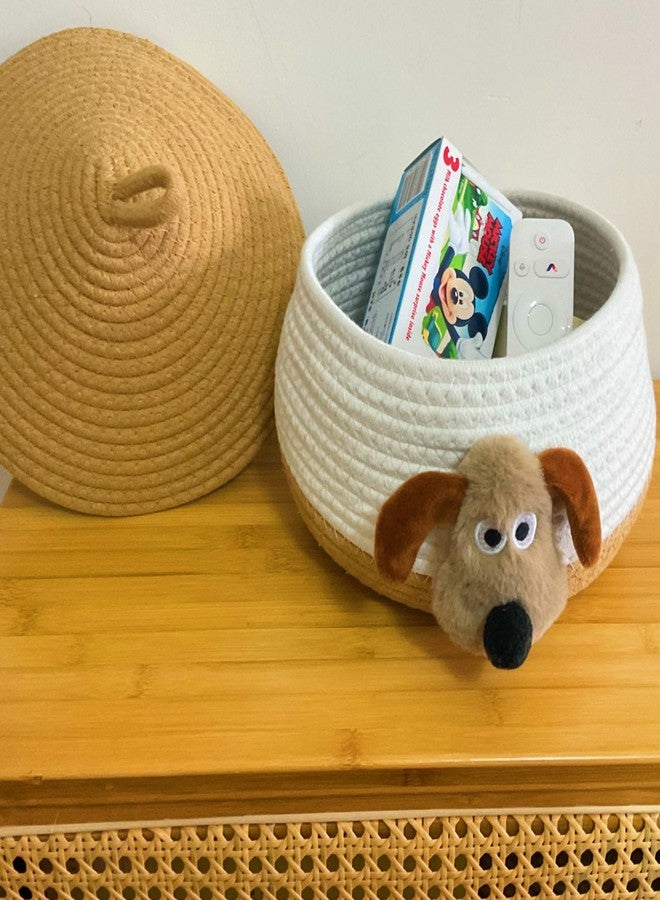 Bellar Small Rope Basket With Lid Woven Storage Box Cute Animal Dog Toy Box Organizers Cotton Rope Basket for Kids Small Snack Storage Area Decorative Boxes Aesthetic-8.6''*8.6''-Brown*White - Image 5