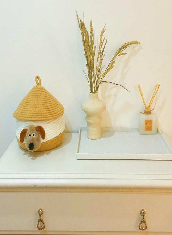 Bellar Small Rope Basket With Lid Woven Storage Box Cute Animal Dog Toy Box Organizers Cotton Rope Basket for Kids Small Snack Storage Area Decorative Boxes Aesthetic-8.6''*8.6''-Brown*White - Image 4