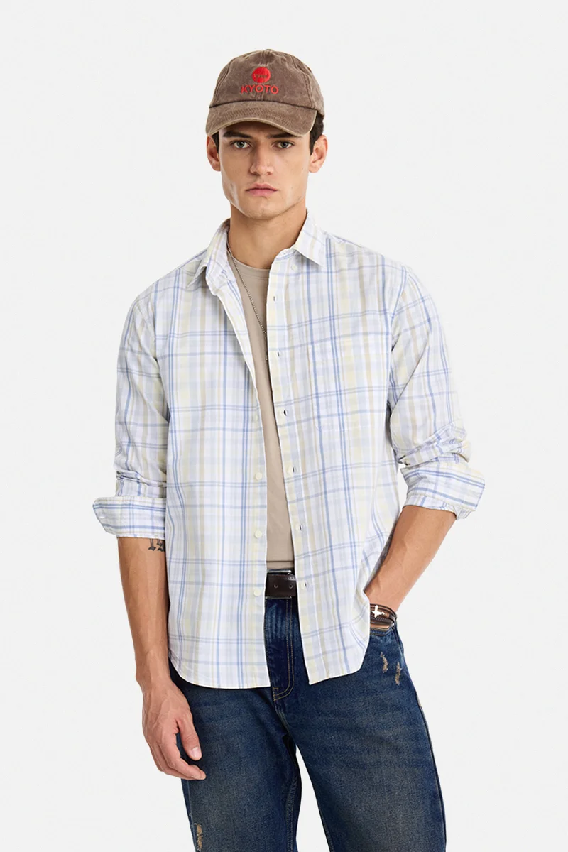 سنيتش Beige Checkered Long Sleeve Regular Fit Casual Shirt