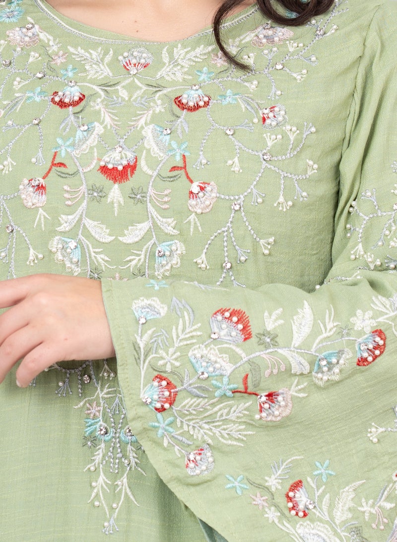 اكسا جلابية مطرزة حديثة خضراء - Image 2