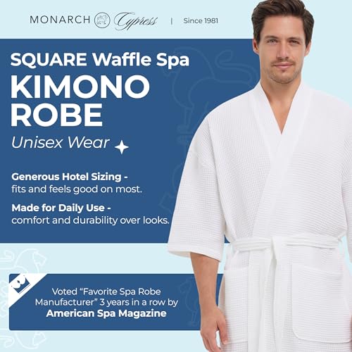 MONARCH Square Waffle Spa Kimono Robe for Men or Women – Soft Lightweight Textured Fabric with Classic Kimono Design, Generously Sized Hotel & Spa Robe with Pockets – Machine Washable (Large, White) - Image 2