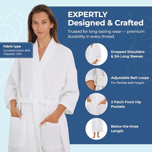 MONARCH Square Waffle Spa Kimono Robe for Men or Women – Soft Lightweight Textured Fabric with Classic Kimono Design, Generously Sized Hotel & Spa Robe with Pockets – Machine Washable (Large, White) - Image 4