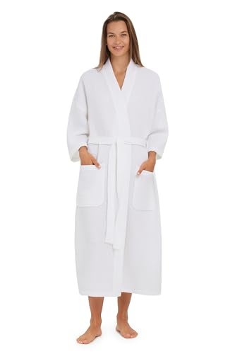 MONARCH Square Waffle Spa Kimono Robe for Men or Women – Soft Lightweight Textured Fabric with Classic Kimono Design, Generously Sized Hotel & Spa Robe with Pockets – Machine Washable (Large, White) - Image 1