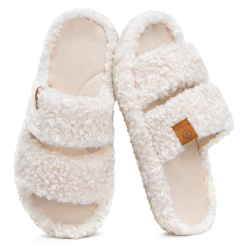 EverFoams Womens Fuzzy Open-toe Slippers Soft Comfy Memory Foam Indoor House Shoes Vanilla Ice,11-12 US - Image 1