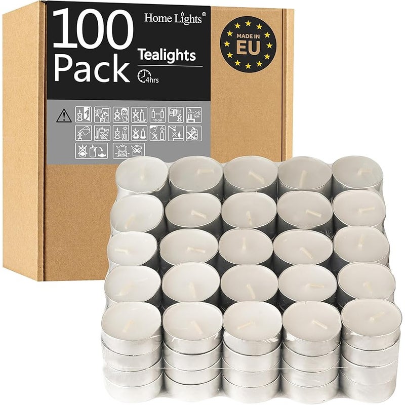 Home Lights Paraffin Wax Unscented European less Tea Light Candles - 4 Hours - Giant 100, 200, 300 Bulk Packs (White) - 100 Pack - Image 1