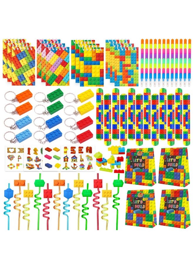 Bluegogo Bluegogo 96 Pcs Building Block Birthday Party Favors for Kids Include Mini Notebook Pens Straws Keychains Erasers Wristbands Stickers Bags for Building Blocks Birthday Party Supplies  - Image 1