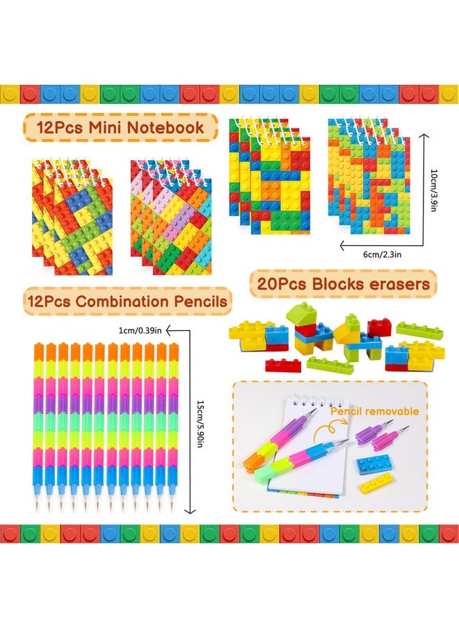 Bluegogo Bluegogo 96 Pcs Building Block Birthday Party Favors for Kids Include Mini Notebook Pens Straws Keychains Erasers Wristbands Stickers Bags for Building Blocks Birthday Party Supplies  - Image 2