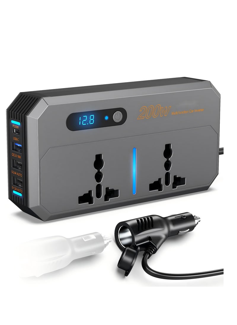 Generic 200W Car Power Inverter, DC 12V to 220V AC Car Inverter Suitable for Cars & SUVs with 2 AC Outlets, 3 USB, 1 Type C Port and LED display (Grey)  - Image 1