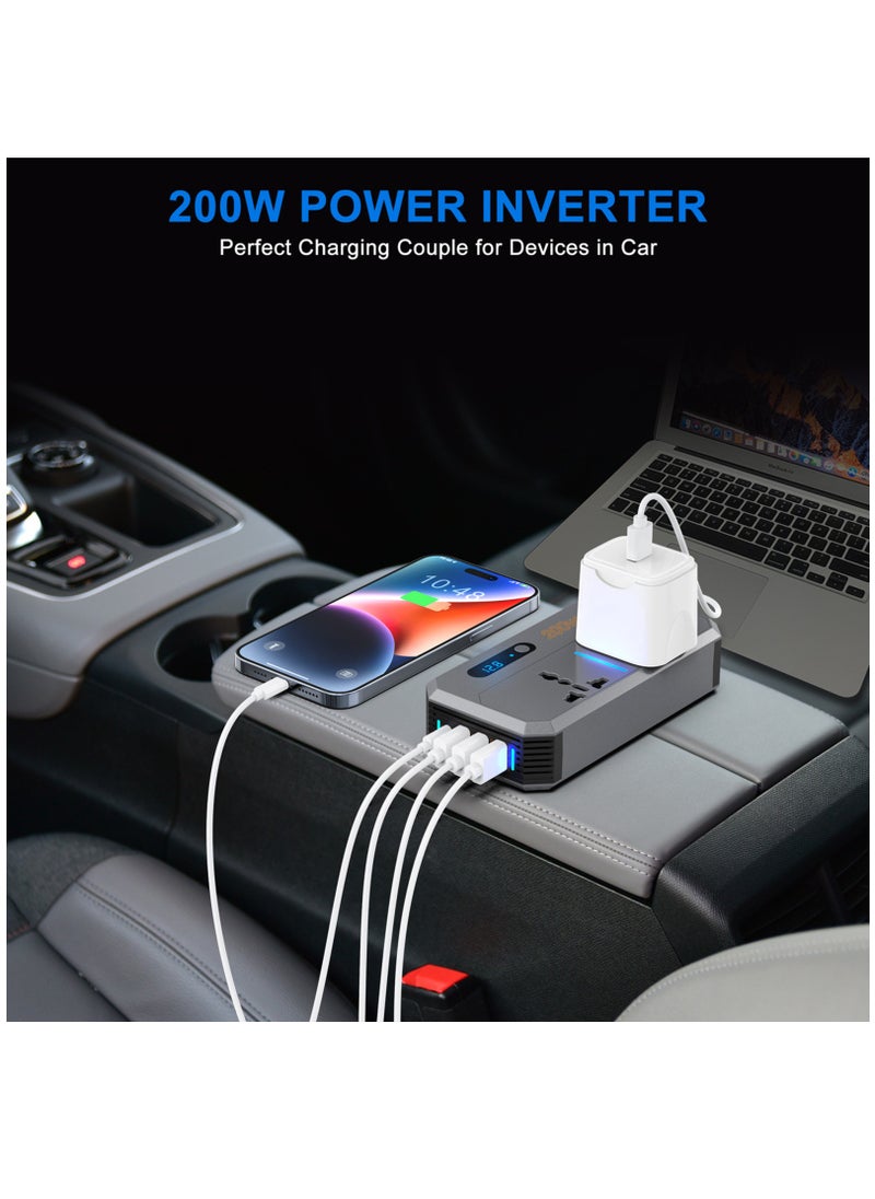 Generic 200W Car Power Inverter, DC 12V to 220V AC Car Inverter Suitable for Cars & SUVs with 2 AC Outlets, 3 USB, 1 Type C Port and LED display (Grey)  - Image 5