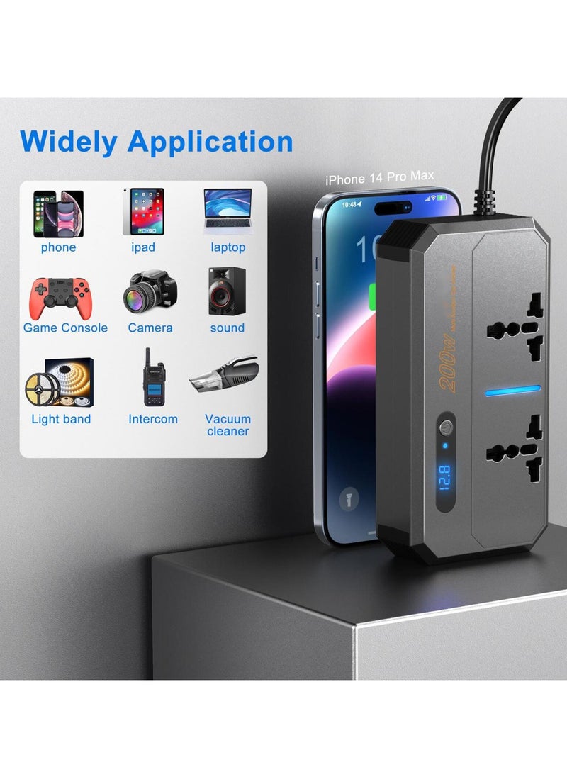 200W Car Power Inverter, DC 12V to 220V AC Car Inverter Suitable for Cars & SUVs with 2 AC Outlets, 3 USB, 1 Type C Port and LED display (Grey)