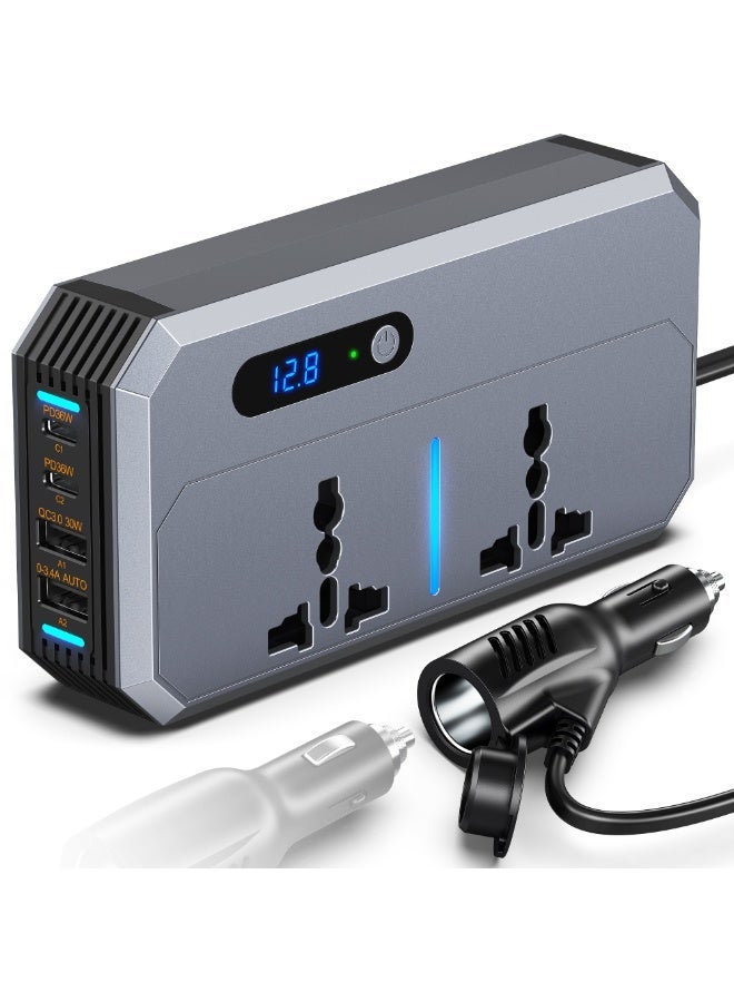 إمتياز 200W سيارة الطاقة العاكس ، تيار مستمر 12V إلى 220V AC سيارة العاكس مناسبة للسيارات و SUVs مع 2 AC Outlets ، 2 USB ، 2 نوع C ميناء وعرض LED (رمادي) - Image 1