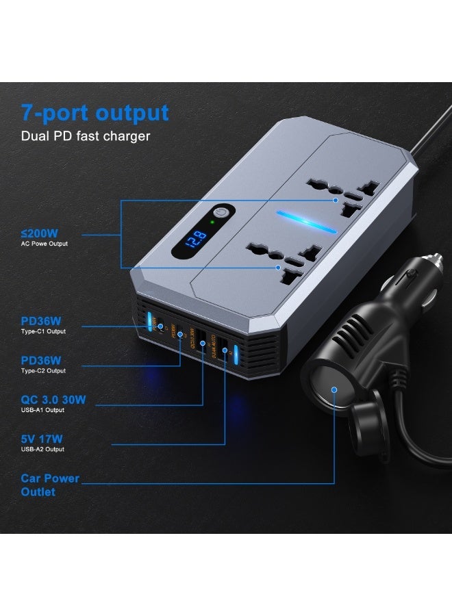 إمتياز 200W سيارة الطاقة العاكس ، تيار مستمر 12V إلى 220V AC سيارة العاكس مناسبة للسيارات و SUVs مع 2 AC Outlets ، 2 USB ، 2 نوع C ميناء وعرض LED (رمادي) - Image 2