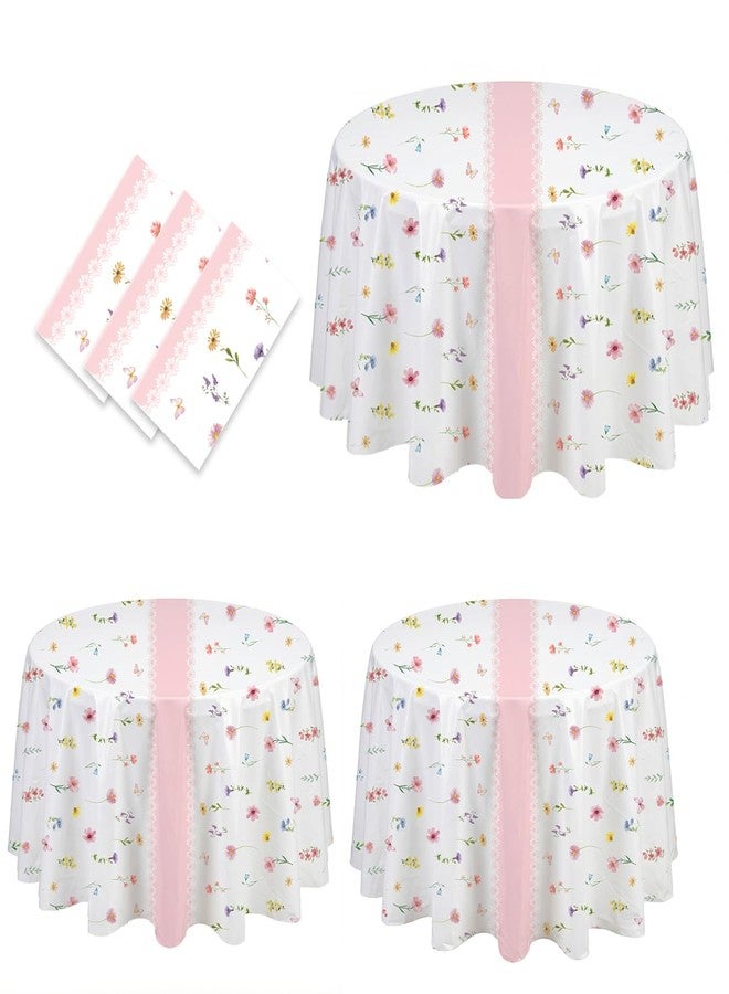 SpinLaLa 3-Piece 84 x 84 Inch Spring Floral Plastic Tablecloth – Round Disposable Flower Table Covers with Pink Stripe and Wildflower Designs for Spring Parties, Easter, Bridal Showers Celebrations - Image 4