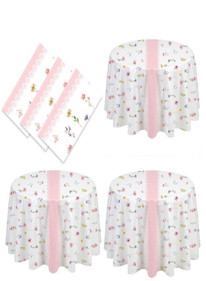 SpinLaLa 3-Piece 84 x 84 Inch Spring Floral Plastic Tablecloth – Round Disposable Flower Table Covers with Pink Stripe and Wildflower Designs for Spring Parties, Easter, Bridal Showers Celebrations - Image 1