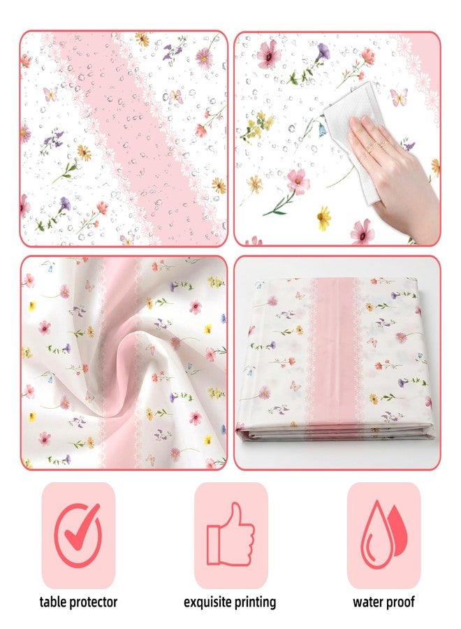 SpinLaLa 3-Piece 84 x 84 Inch Spring Floral Plastic Tablecloth – Round Disposable Flower Table Covers with Pink Stripe and Wildflower Designs for Spring Parties, Easter, Bridal Showers Celebrations - Image 3