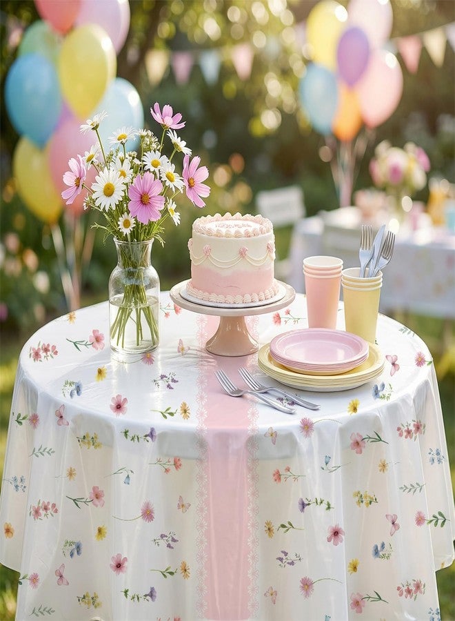 SpinLaLa 3-Piece 84 x 84 Inch Spring Floral Plastic Tablecloth – Round Disposable Flower Table Covers with Pink Stripe and Wildflower Designs for Spring Parties, Easter, Bridal Showers Celebrations - Image 5