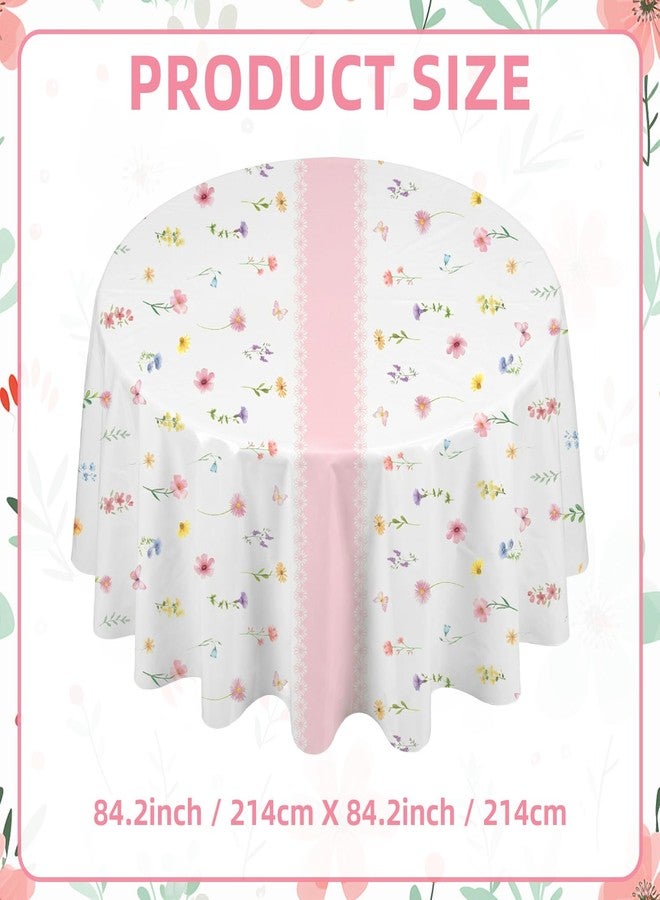 SpinLaLa 3-Piece 84 x 84 Inch Spring Floral Plastic Tablecloth – Round Disposable Flower Table Covers with Pink Stripe and Wildflower Designs for Spring Parties, Easter, Bridal Showers Celebrations - Image 2