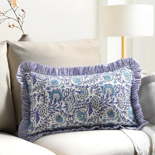 CPC COTTON PRINT CLUB CPC Hand Block Print Indigo Blue Ruffle Sham Pillow Cover 20 x 12 inch Hidden Zipper Decorative Pillowcase for Couch Bed Sofa Farmhouse Cottagecore Decor Gift Spring Mothers Day - Image 1
