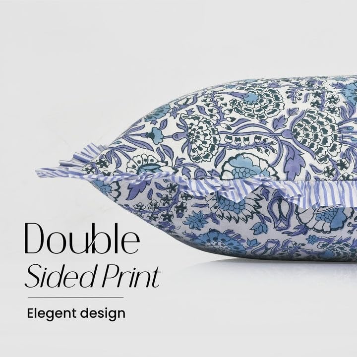 CPC COTTON PRINT CLUB CPC Hand Block Print Indigo Blue Ruffle Sham Pillow Cover 20 x 12 inch Hidden Zipper Decorative Pillowcase for Couch Bed Sofa Farmhouse Cottagecore Decor Gift Spring Mothers Day - Image 3