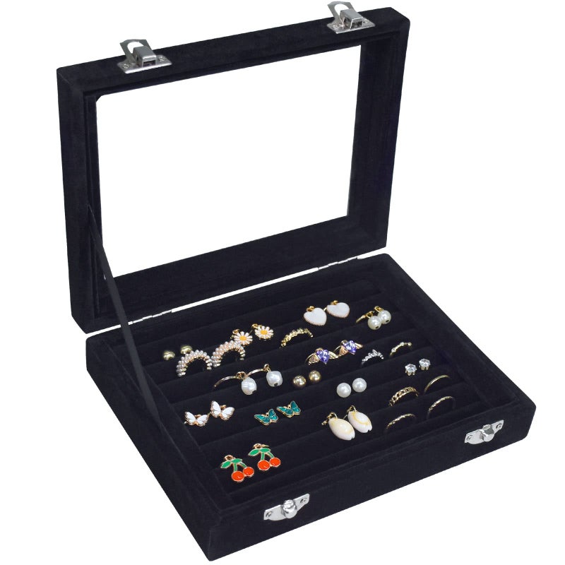Vicoter Rings Organizer Tray 7 Slots Velvet Jewelry Earring Storage Box with Transparent lid Jewelry Display Case for Girls Wife Mom Women (Black) - Image 1