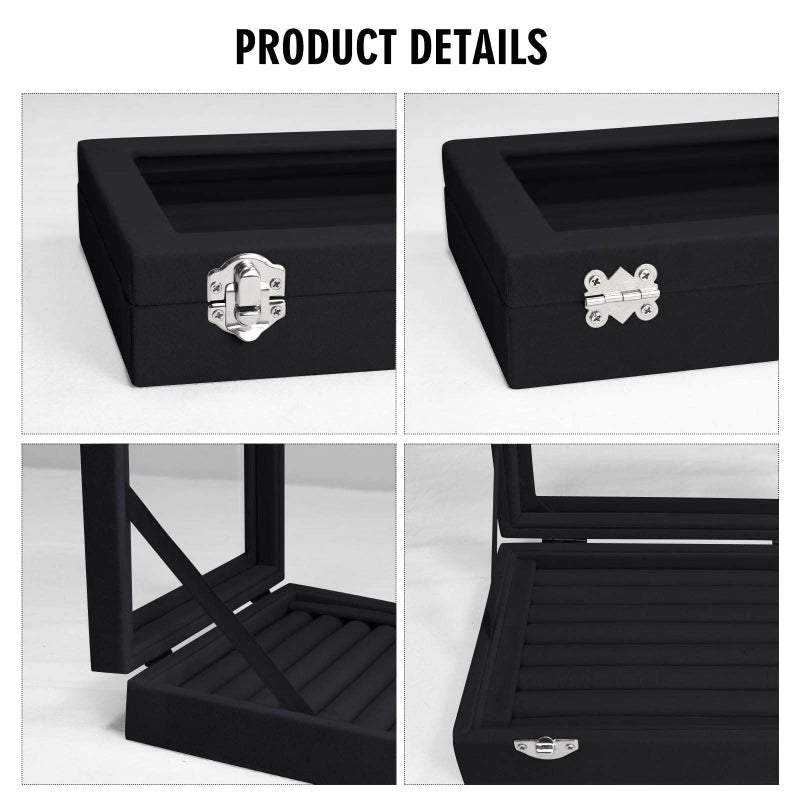 Vicoter Rings Organizer Tray 7 Slots Velvet Jewelry Earring Storage Box with Transparent lid Jewelry Display Case for Girls Wife Mom Women (Black) - Image 4