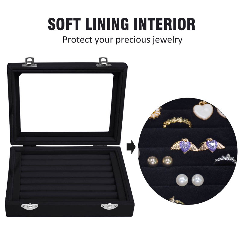 Vicoter Rings Organizer Tray 7 Slots Velvet Jewelry Earring Storage Box with Transparent lid Jewelry Display Case for Girls Wife Mom Women (Black) - Image 3