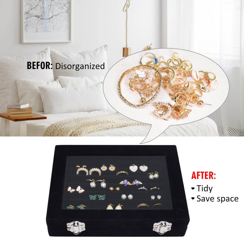 Vicoter Rings Organizer Tray 7 Slots Velvet Jewelry Earring Storage Box with Transparent lid Jewelry Display Case for Girls Wife Mom Women (Black) - Image 5