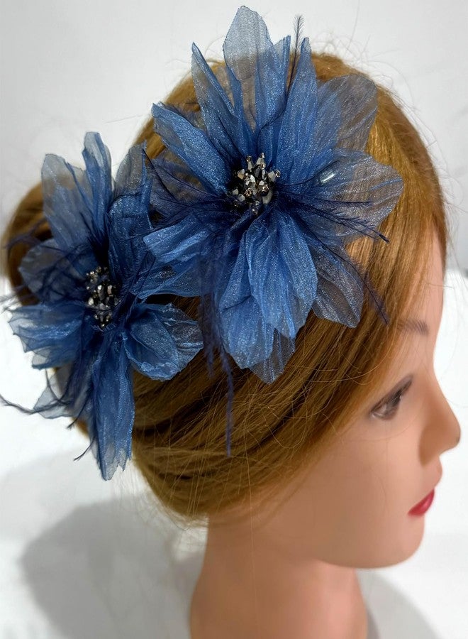 Sanrich Women's Brooches 4pcs Organza Flower Feather Hair Clip Dancer Pin up Mexican Hair Flowers Clips Hairpin Brooch Tea Party Hats Headpieces Cotume Decor (blue) - Image 3