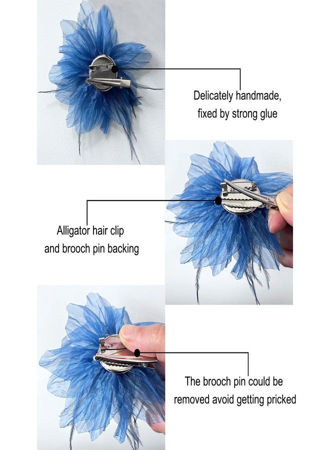 Sanrich Women's Brooches 4pcs Organza Flower Feather Hair Clip Dancer Pin up Mexican Hair Flowers Clips Hairpin Brooch Tea Party Hats Headpieces Cotume Decor (blue) - Image 5