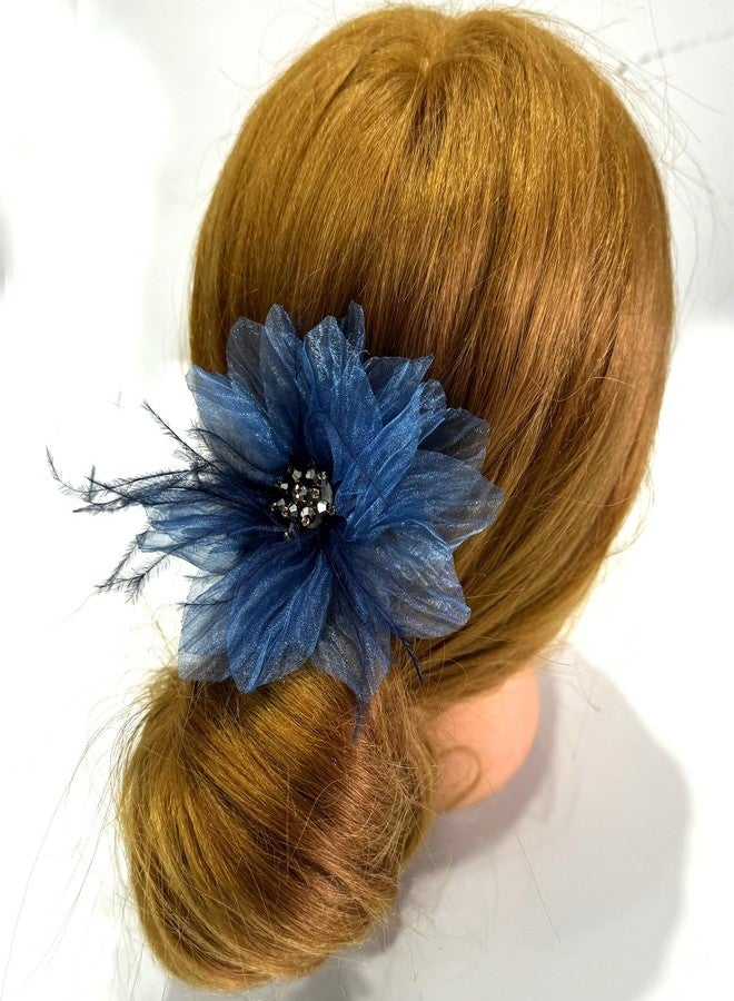 Sanrich Women's Brooches 4pcs Organza Flower Feather Hair Clip Dancer Pin up Mexican Hair Flowers Clips Hairpin Brooch Tea Party Hats Headpieces Cotume Decor (blue) - Image 4