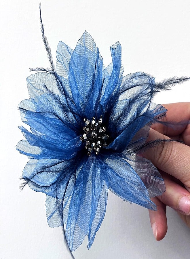 Sanrich Women's Brooches 4pcs Organza Flower Feather Hair Clip Dancer Pin up Mexican Hair Flowers Clips Hairpin Brooch Tea Party Hats Headpieces Cotume Decor (blue) - Image 2